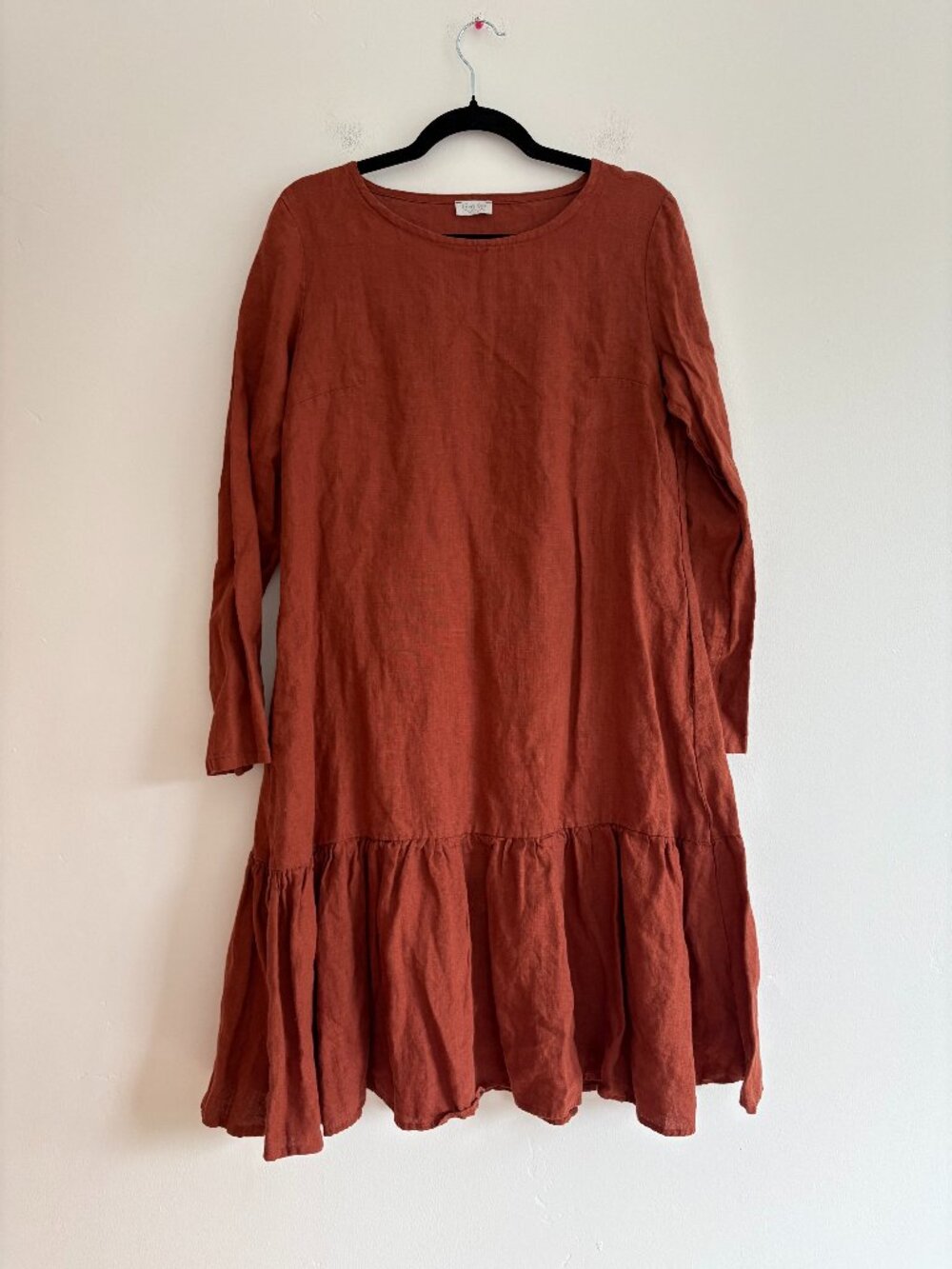 Linen Sea 100% Linen Red Drop Waist Dress Long Sleeve Lagenlook Prairie Modest